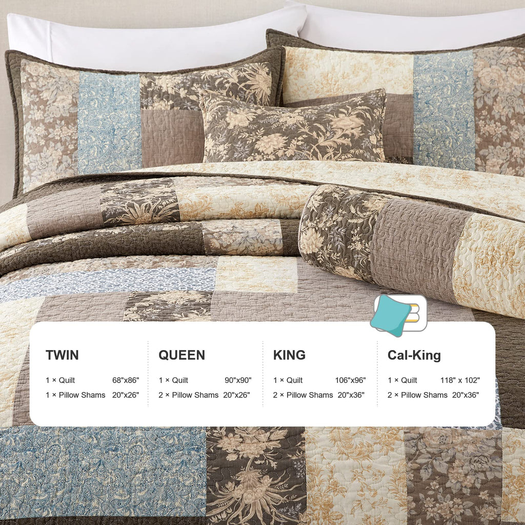 100% Cotton Patchwork Comforter Set 3 Pcs Quilt Sets Cabin Brown Bedspread (90 x 90inch) Reversible Vintage