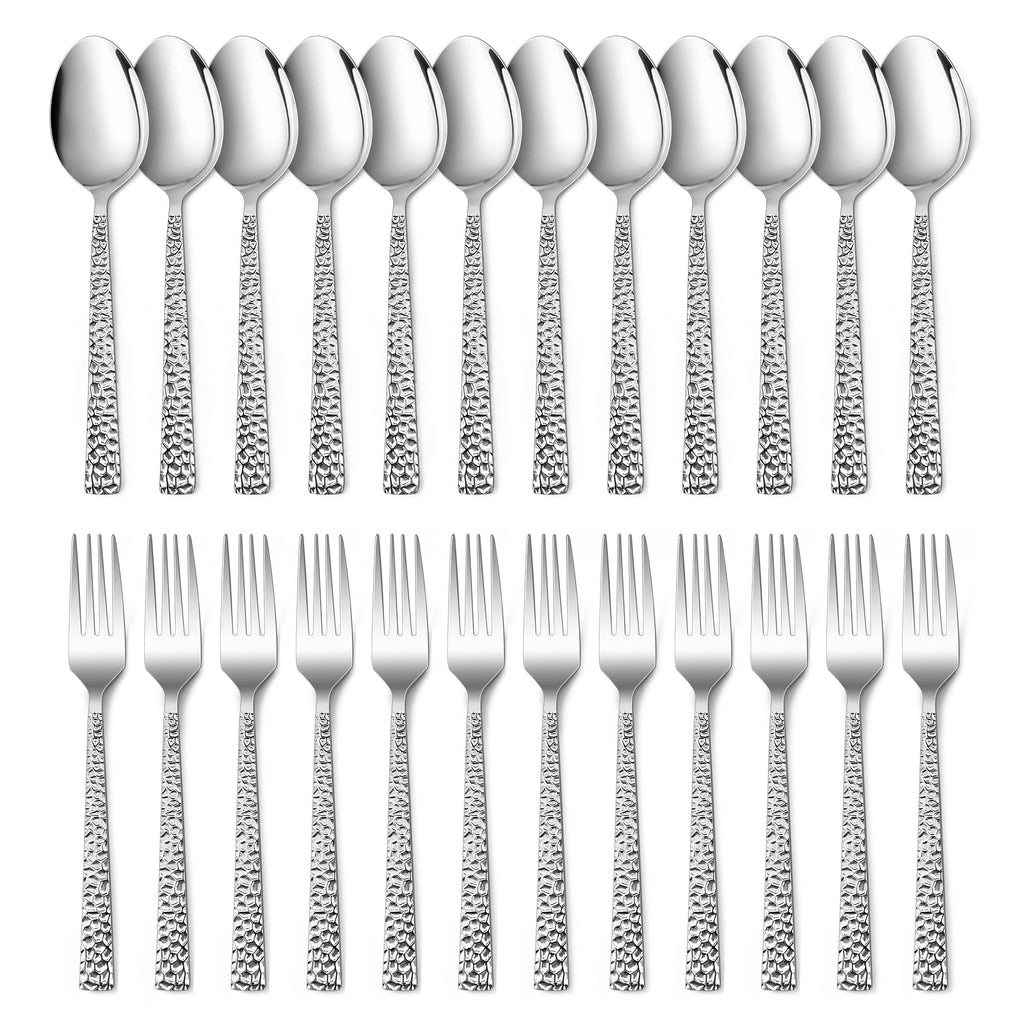 24-Piece Hammered Forks and Spoons Silverware Set /Kitchen