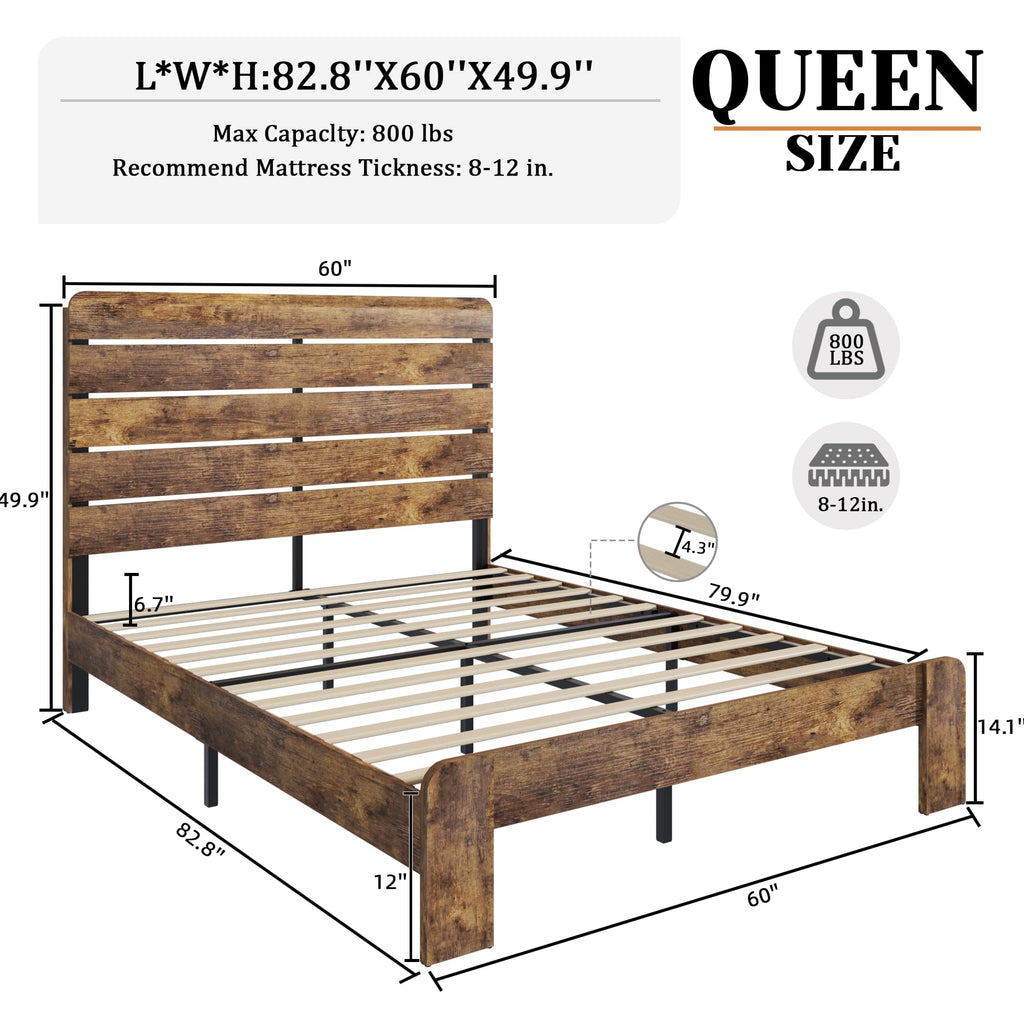 Wooden Bed Frame with Headboard, Rustic Farmhouse Platform Bedframe with Wood Slat Support, Sturdy and No