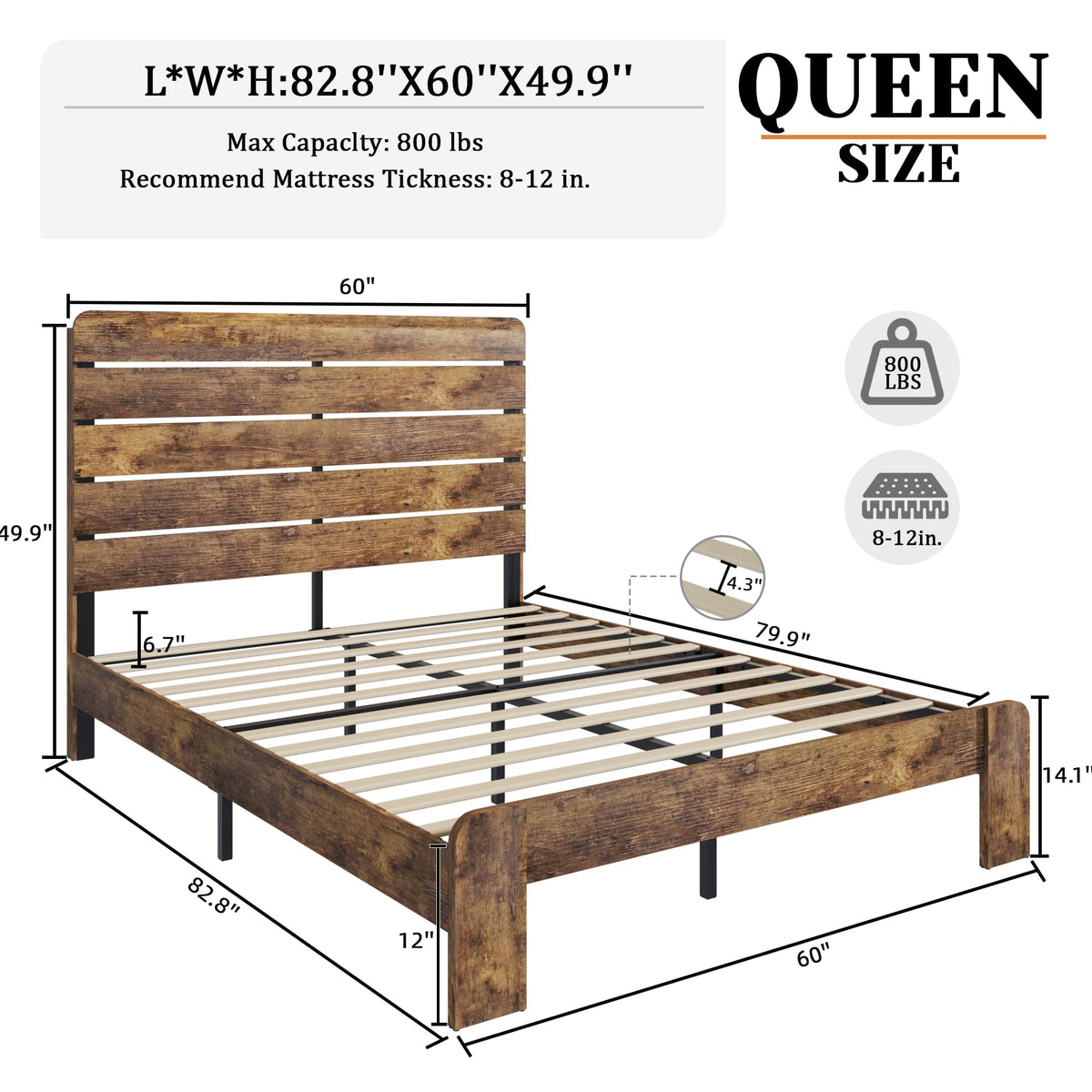 Wooden Bed Frame with Headboard, Rustic Farmhouse Platform Bedframe with Wood Slat Support, Sturdy and No