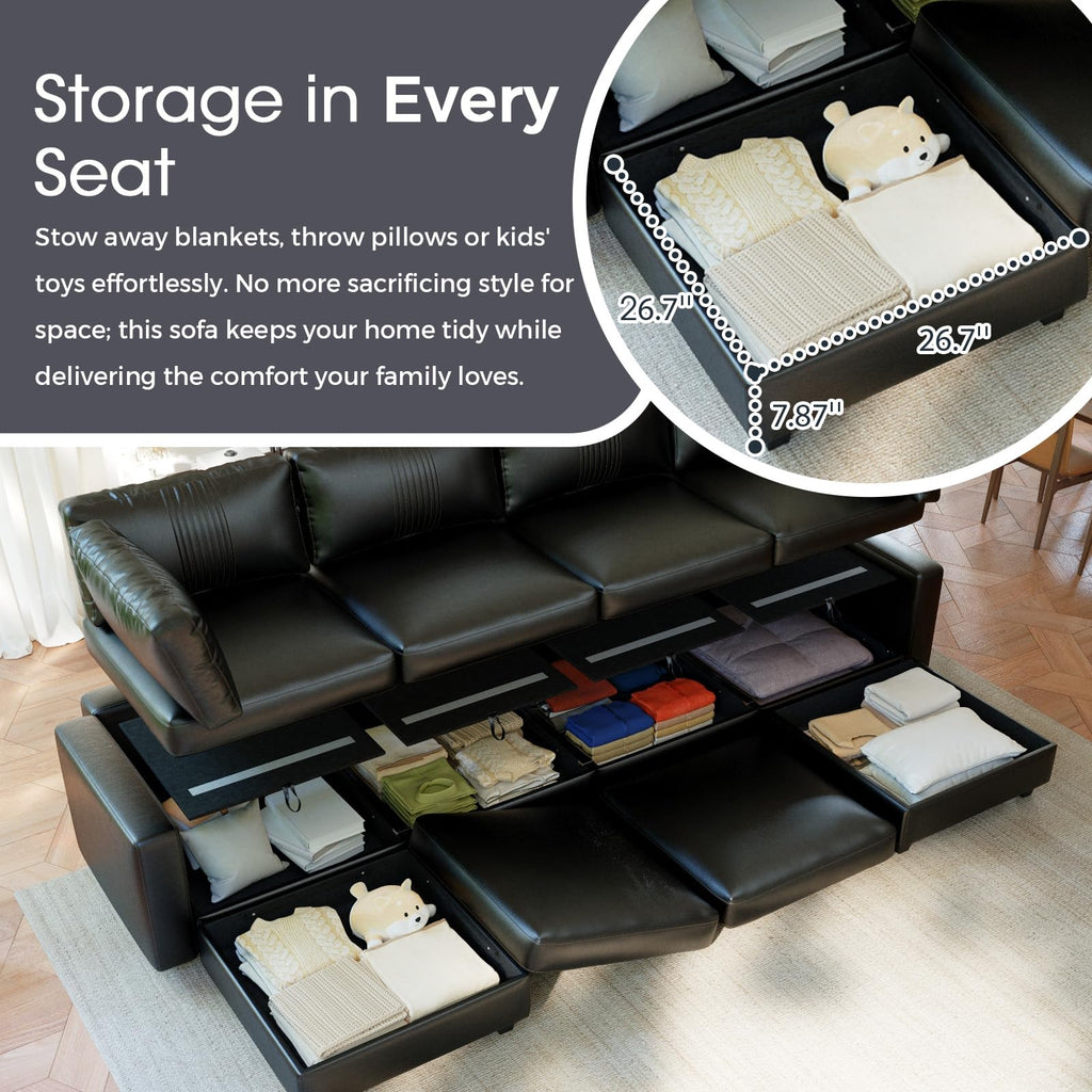 128" 6 Seat Modular Sectional Sofa, Convertible L & U Shaped Couch with Storage, Modern Leather Couch with Ottomans