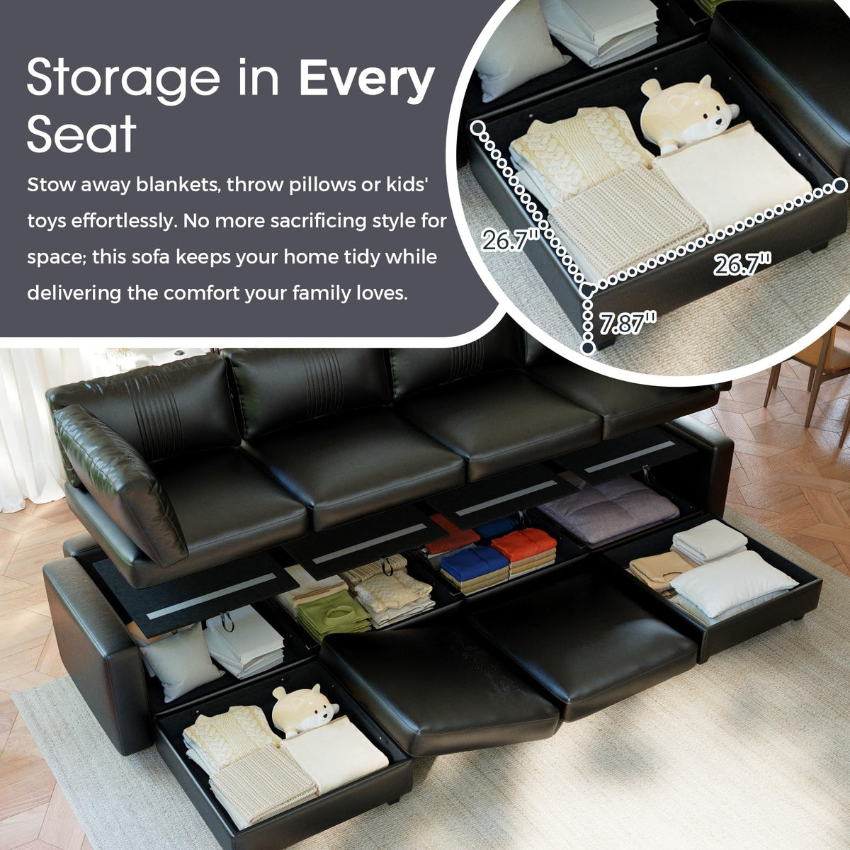 128" 6 Seat Modular Sectional Sofa, Convertible L & U Shaped Couch with Storage, Modern Leather Couch with Ottomans