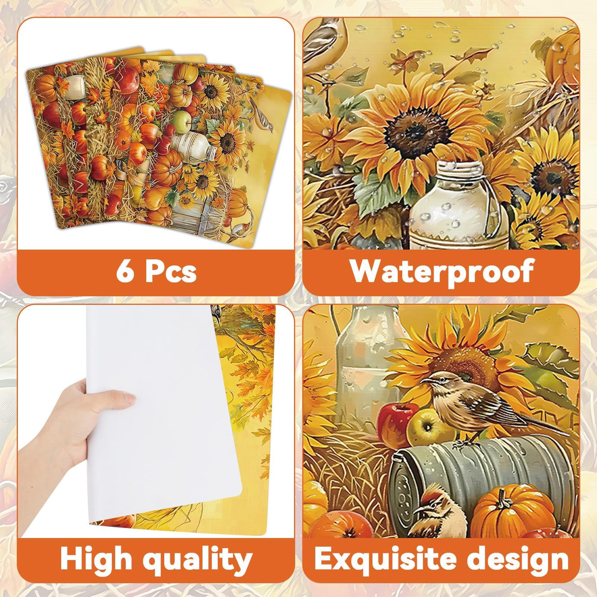 Fall Plastic Placemats Set of 6 Pumpkin Table mats 17×13×0.04in