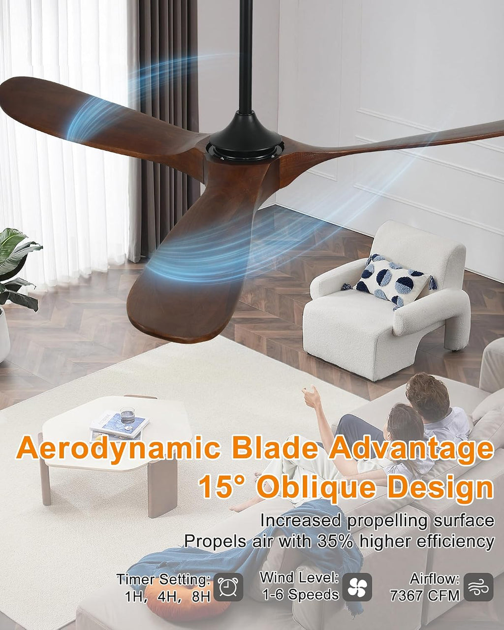 60" Solid Walnut Wood Propeller Ceiling Fan No Light with Remote