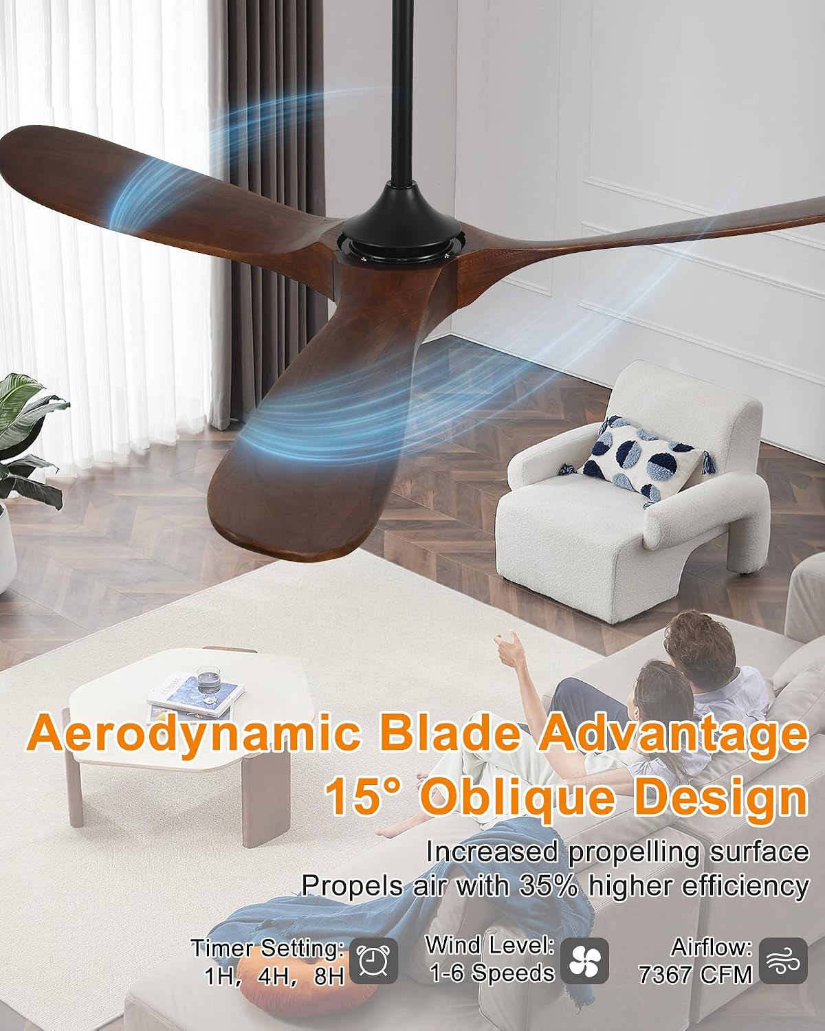 60" Solid Walnut Wood Propeller Ceiling Fan No Light with Remote