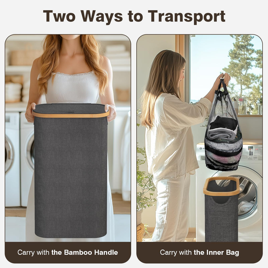 Slim Laundry Hamper with Lid, 75L Small Laundry Basket, Dark Grey