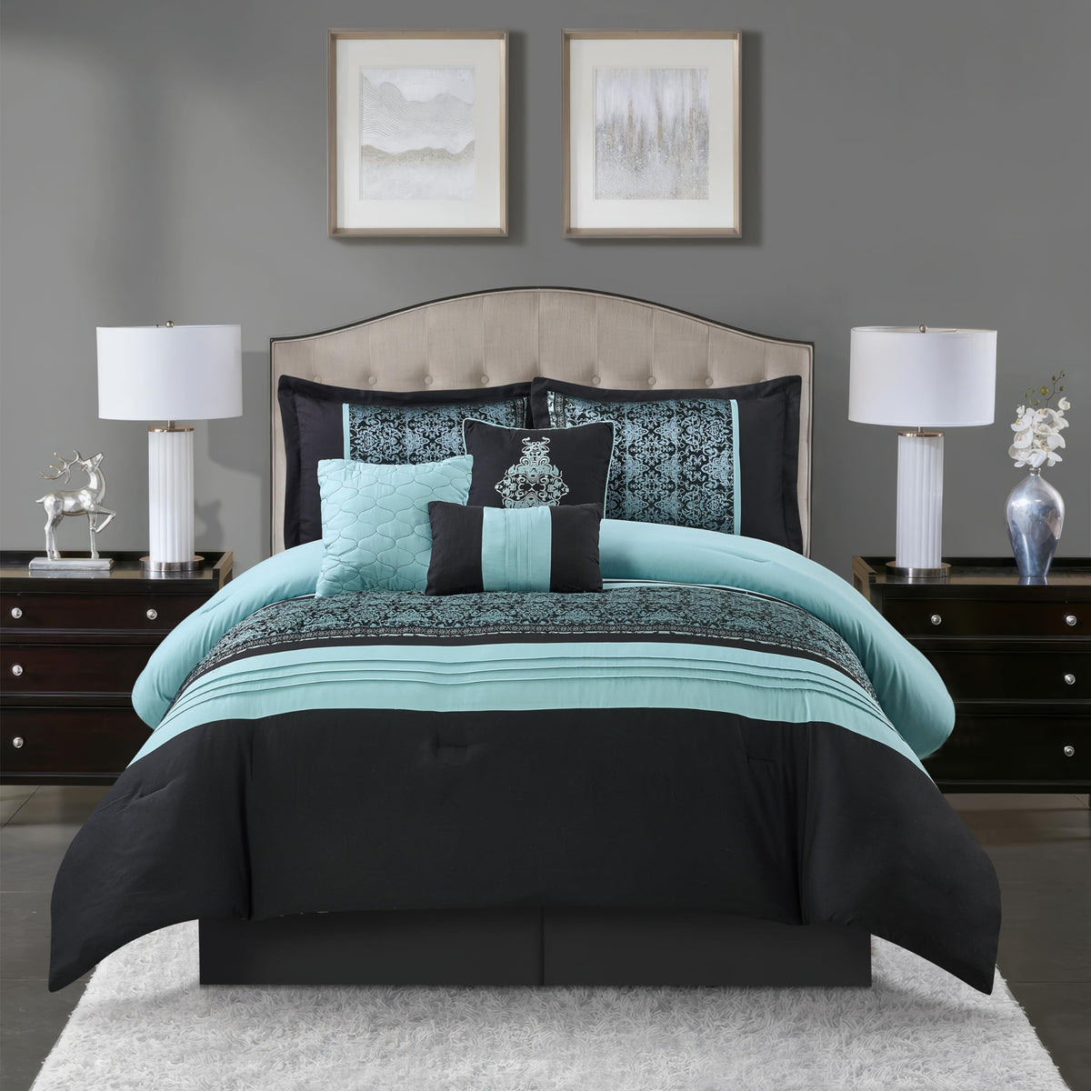 Damask 7 Piece Comforter Set, King, Aqua/Black