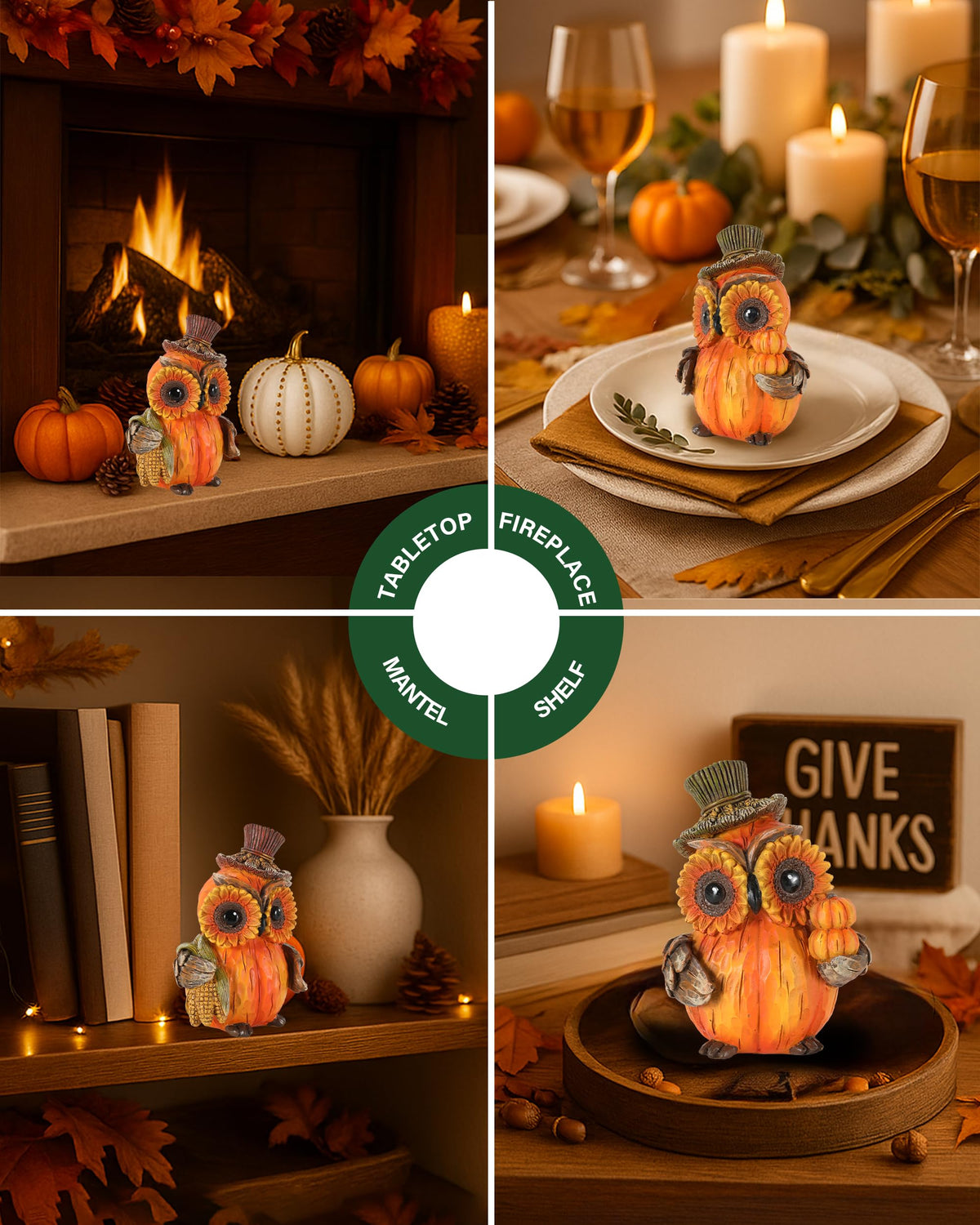 Set of 2 Thanksgiving Decorations Owl Figurines - Hand-Painted Resin Pumpkin Owls with Sunflower Eyes & Hats, 4.7"