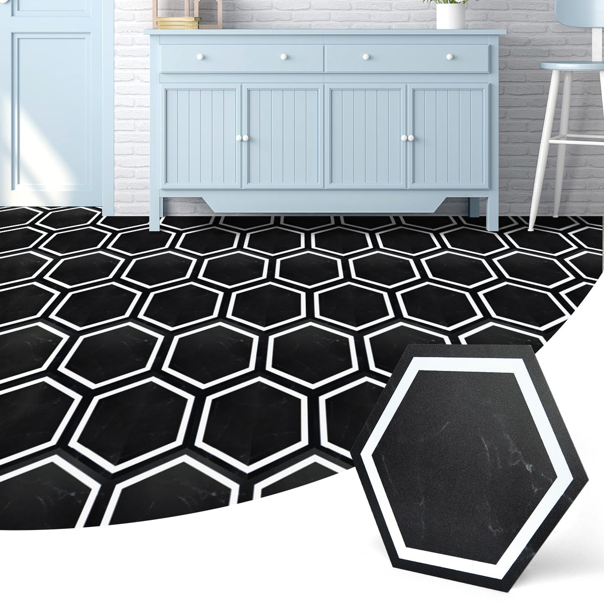 30-Pack Hexagon Peel and Stick Vinyl Floor Tiles, Black Marble