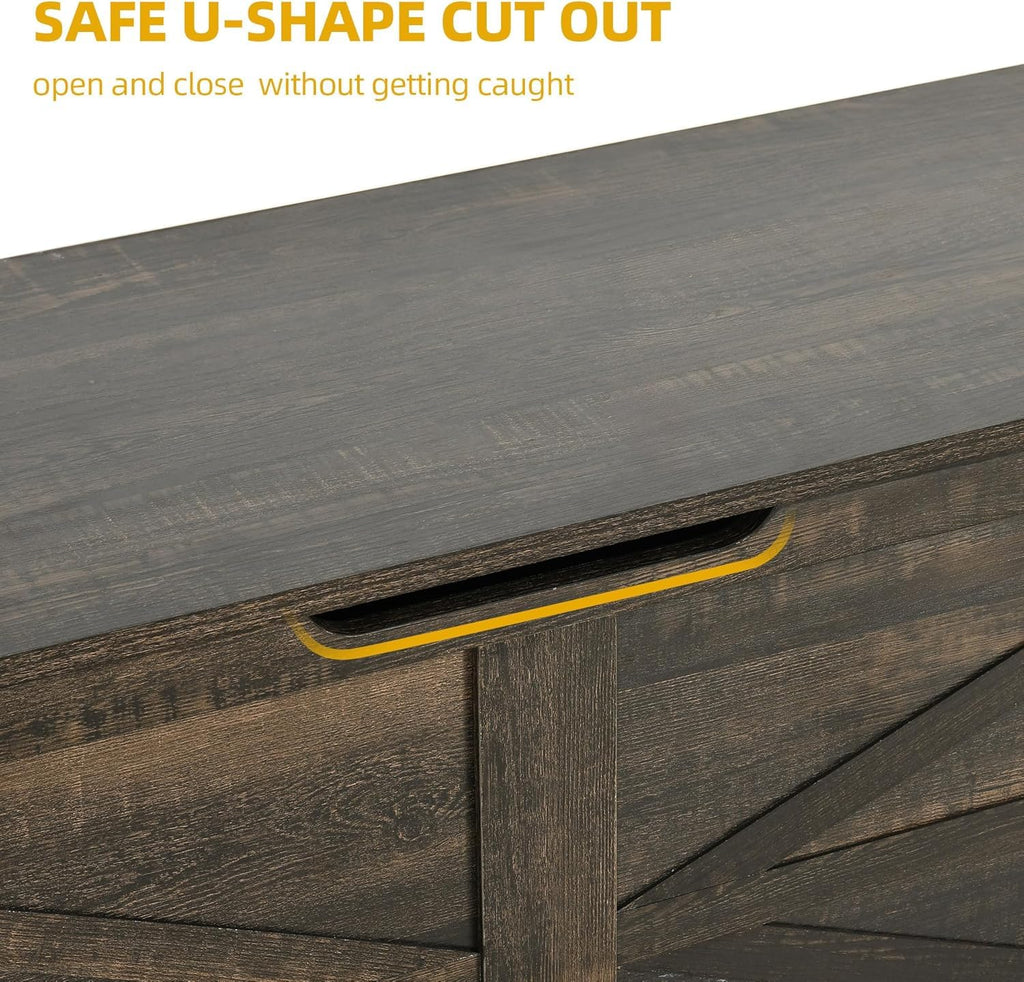 47.2" Farmhouse Storage Bench with Safety Hinges, Dark Rustic Oak