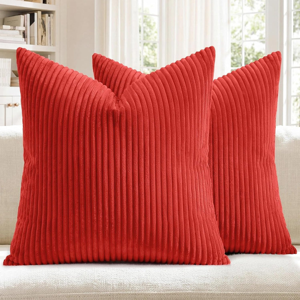 Christmas Pillow Covers 18x18, Super Soft Boho Striped Corduroy Pillow Cover, Xmas Decorative Throw Pillows - Set of 2