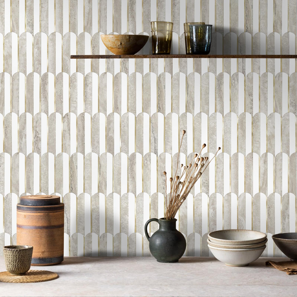 Peel and Stick Backsplash Seamless Tile ,White and Beige Slate PVC Mixed Light Gold Self Adhesive Fish Scale Metal