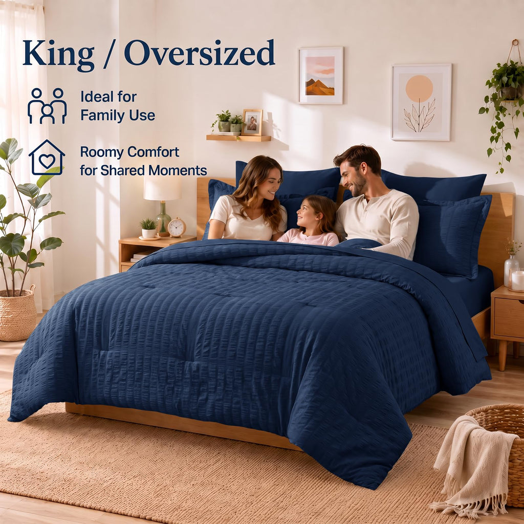 Comforter Set 120x98, 7-Piece Navy Blue Seersucker