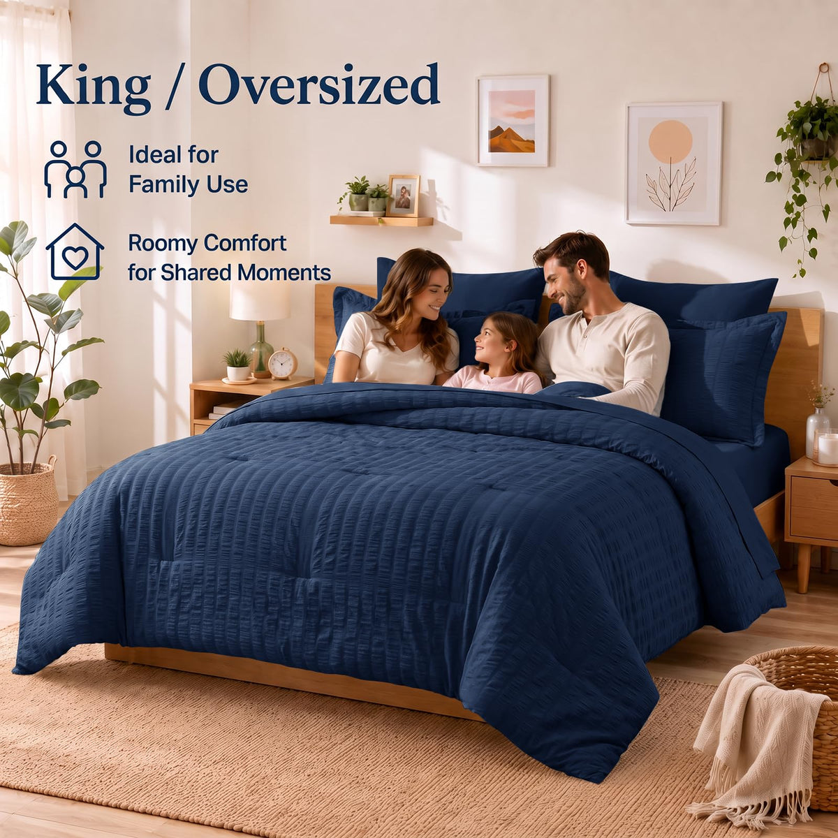 Comforter Set 120x98, 7-Piece Navy Blue Seersucker