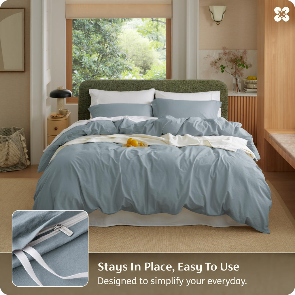 PureWoven 100% Washed Cotton Duvet Cover Set, Queen, 3-PC