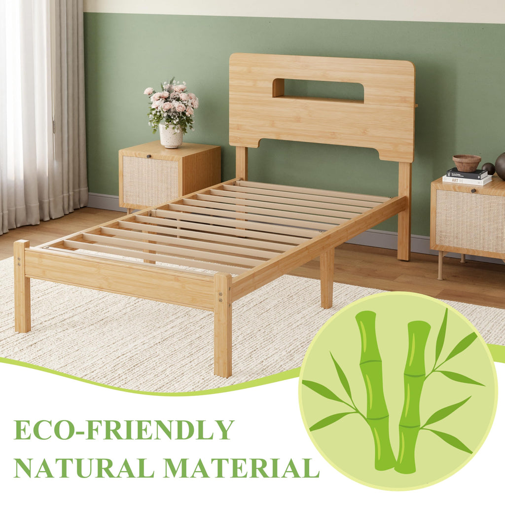 Solid Bamboo Wood Twin XL Bed Frame with Storage Headboard, 14 inch Platform Twin XL Bed Frames No Box Spring Needed