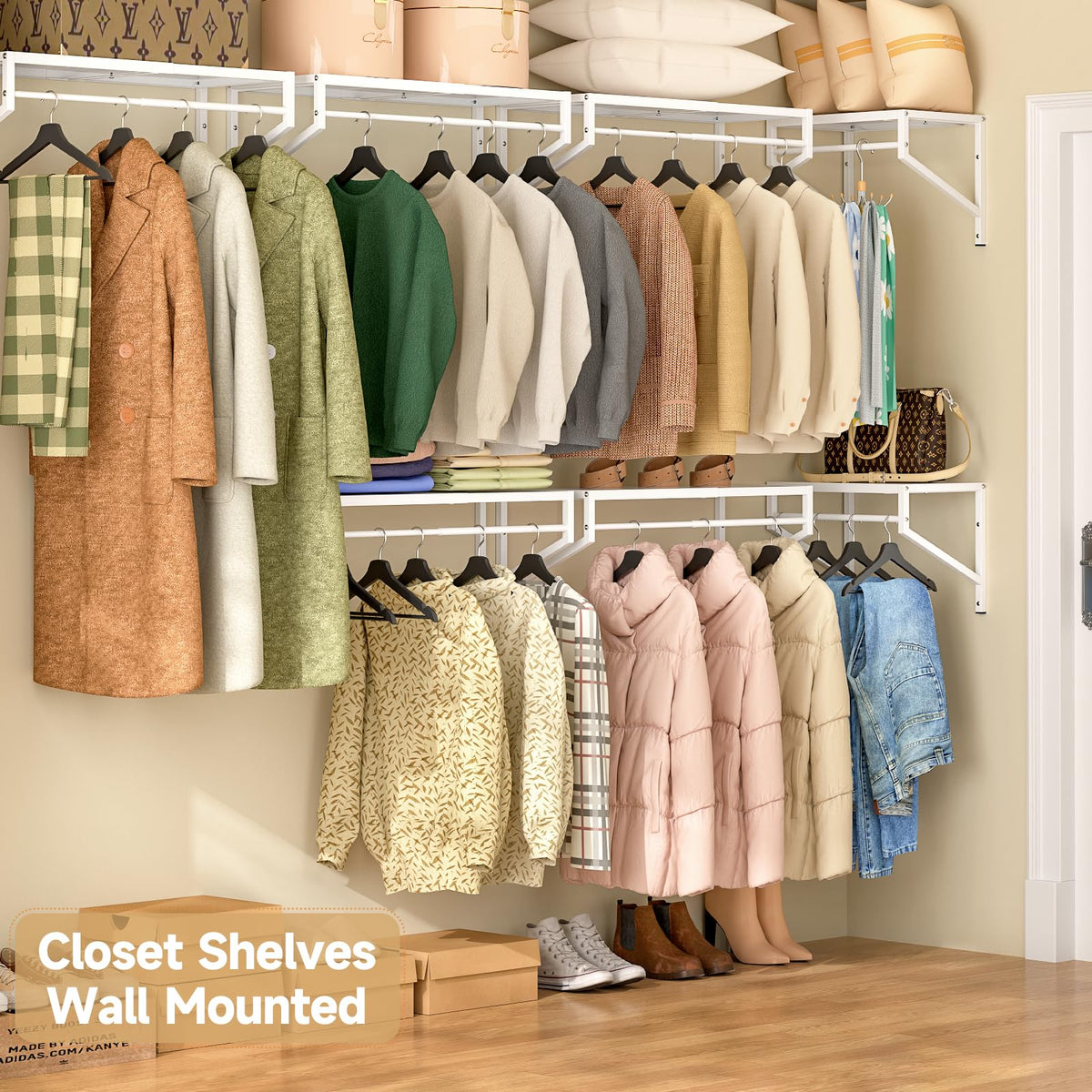 Expandable Closet Shelves Wall Mounted, 2 Pack Closet Shelving with Hanging Rods, Wall Shelving for Walk-in Closet