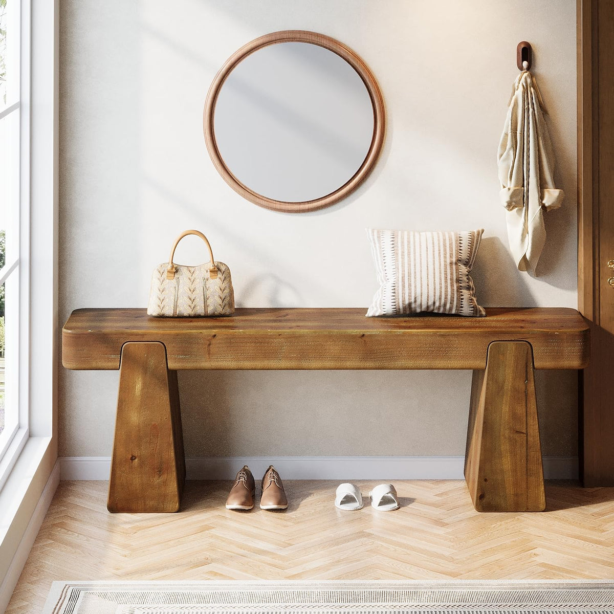 Solid Wood Bench, 47-Inch Farmhouse Wood Entryway Bench with Thickened Legs, Narrow Indoor Wooden Bench for Entry