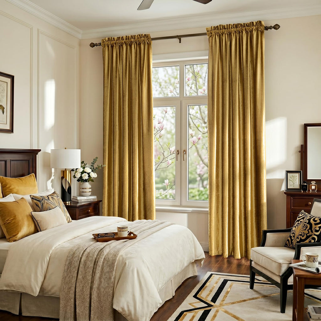 Gold Velvet Curtains 96 inches Long: Living Room Luxury Room Darkening Curtain - Elegant Bedroom Thermal Insulated