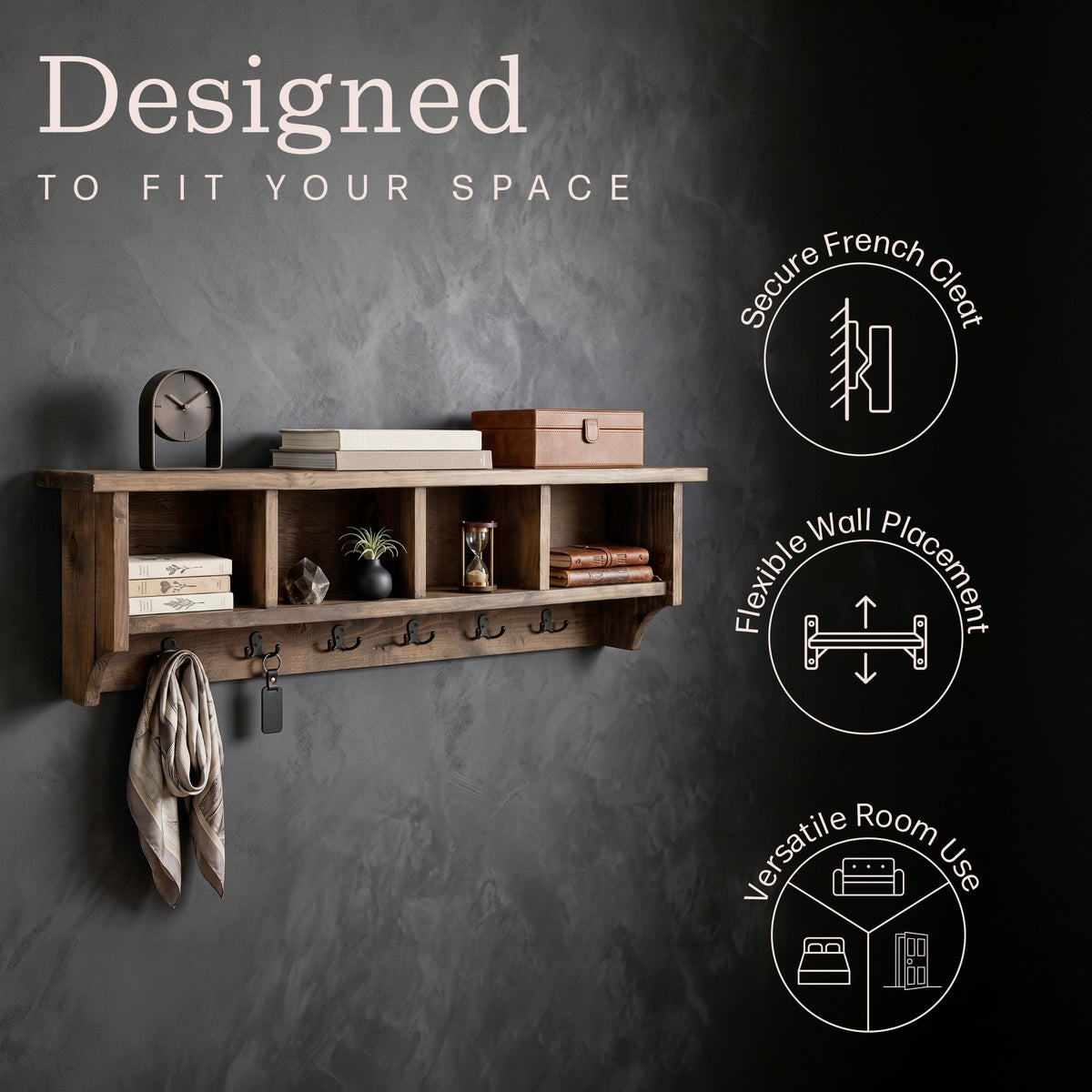 Pomona Solid Wood Entryway Coat Rack with Cubbies, Rustic Brown, 48"