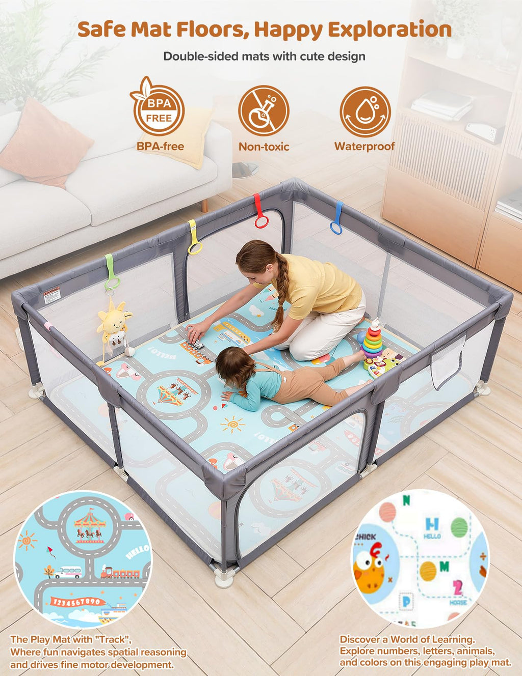 Baby Playpen, 71"x59" Play Pen for Babies, Grey