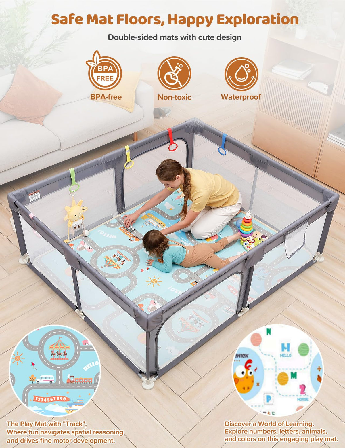 Baby Playpen, 71"x59" Play Pen for Babies, Grey