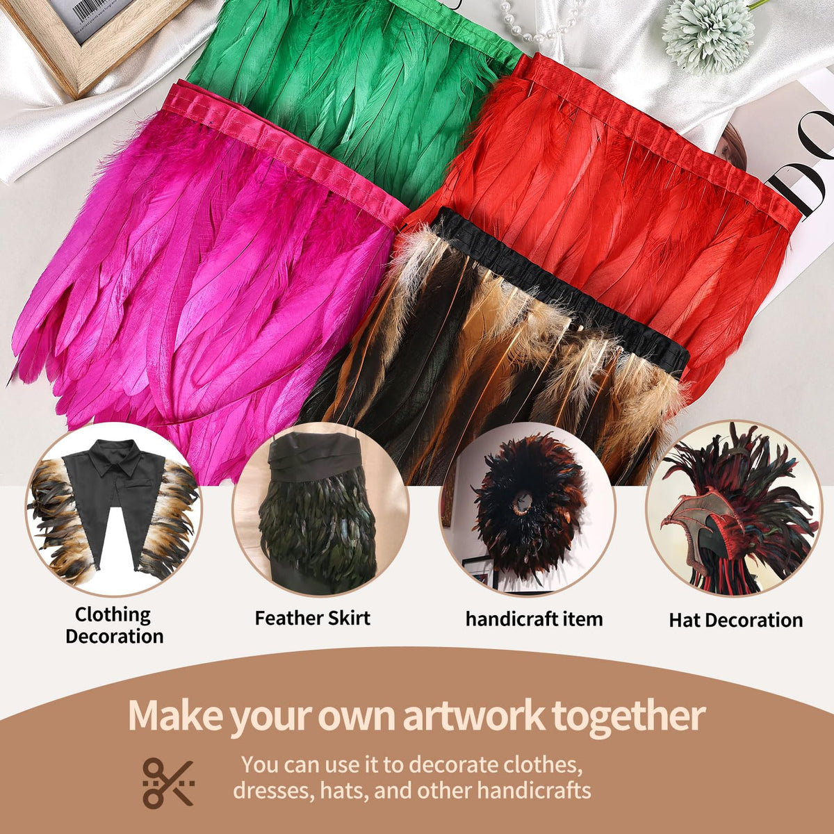 Rooster Coque Tail Feathers Trim 8-10inch 2Yard Natural Fringe Trim for DIY Sewing Craft Party Clothing Cape Shawl