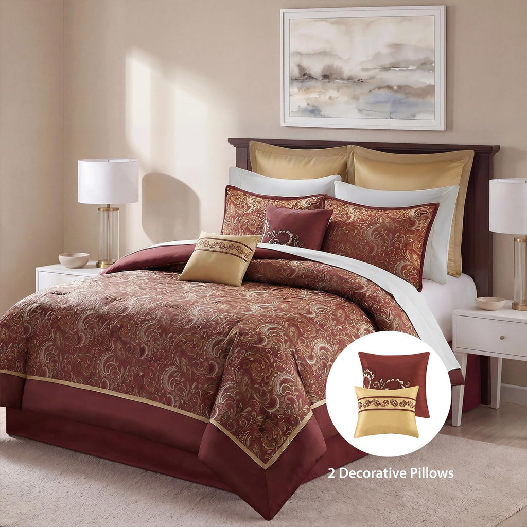 Luxury Jacquard Comforter Set 8-Piece Bedding Set, Elegant Damask Design with Bed Skirt & Decorative