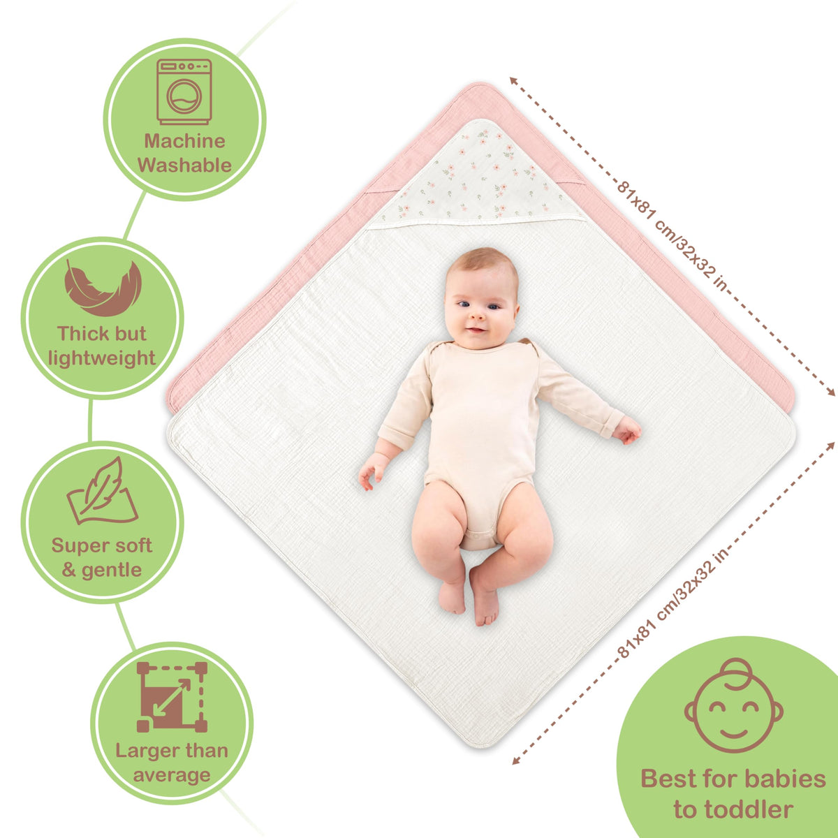 TEX 100% Organic Cotton 2 PK Muslin Baby Hooded Towels Newborn 32x32in