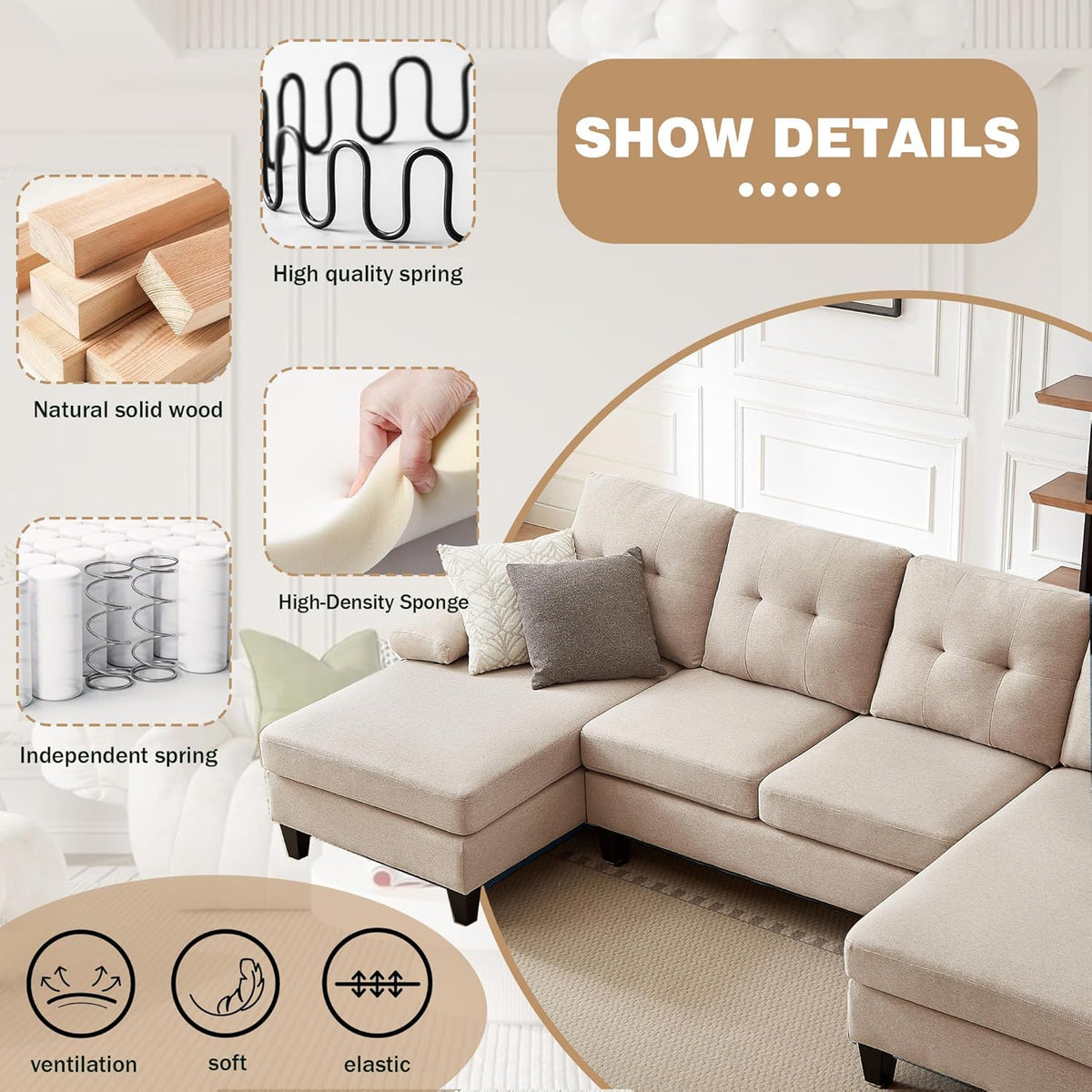 111" Sectional Couch for Living Room, Modern Polyester Fibre U Shaped Sofa Couches with Double Chaise