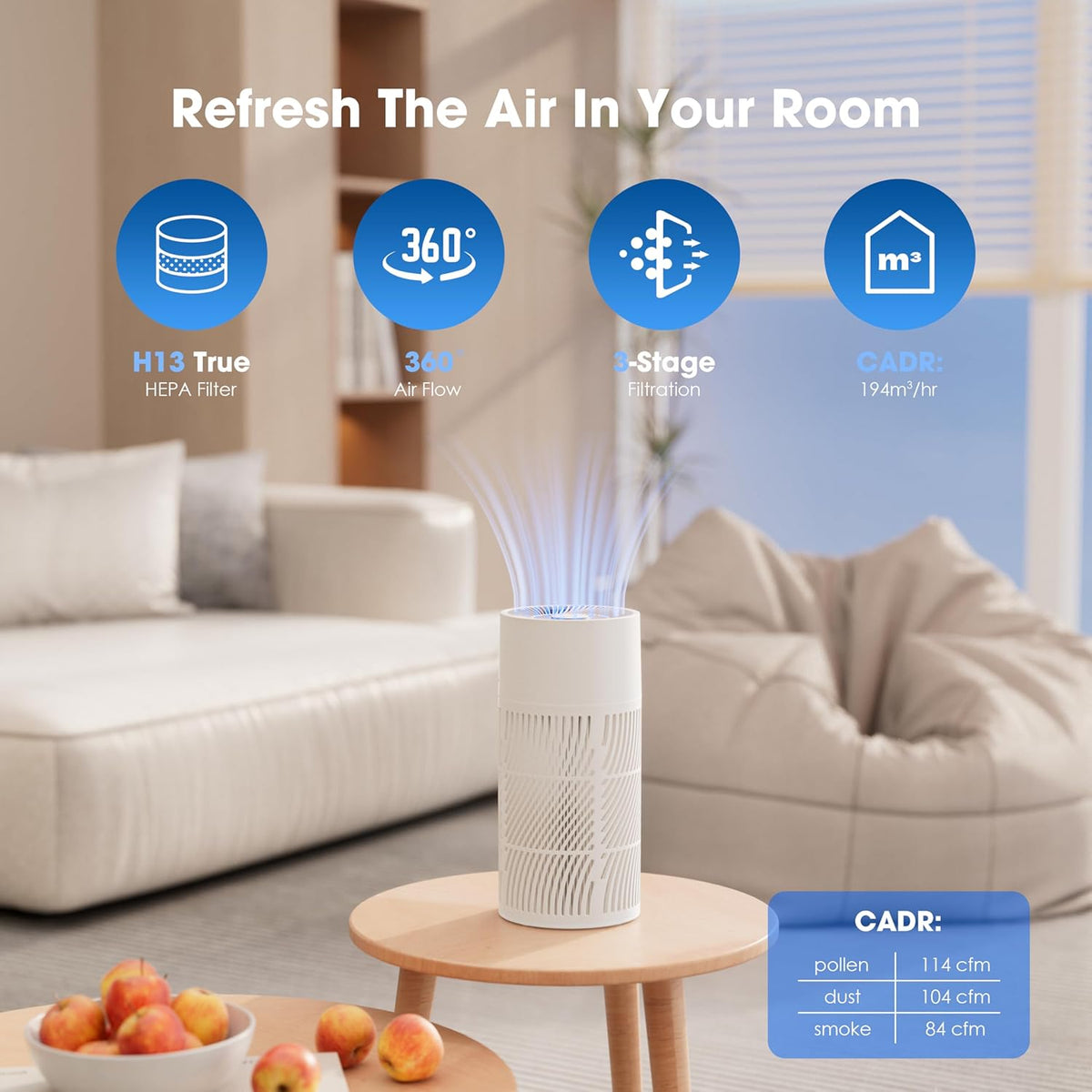 H13 True HEPA Air Purifier for Bedrooms & Large Room up to 857 Sq Ft, 2025 New & Improved RPM Removes 99.97% of Smoke