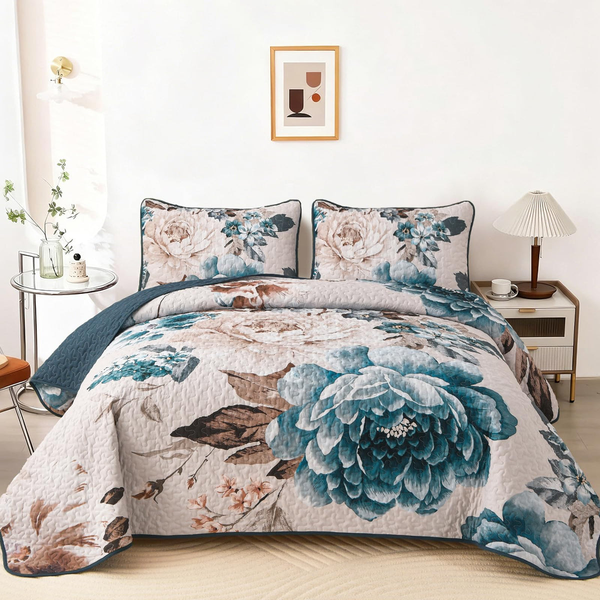 Quilt, 3 Pcs Aqua Floral Bedspread Bedding Set