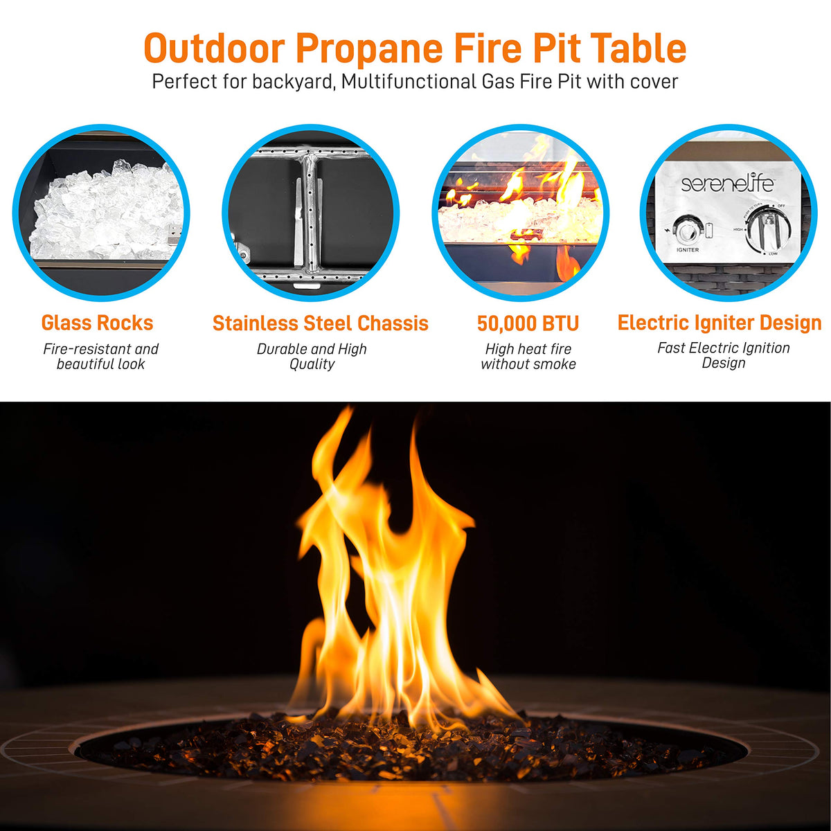 Outdoor Gas Fire Pit Table, 50, 000 BTU Propane Burner, Auto Ignition, Tempered Glass Wind Guard, Stainless Steel