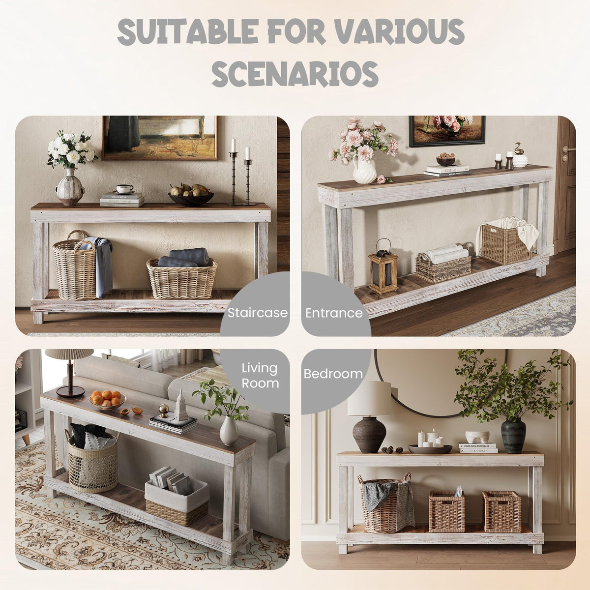 60" Long Farmhouse Console Table, Solid Wood, Classic White
