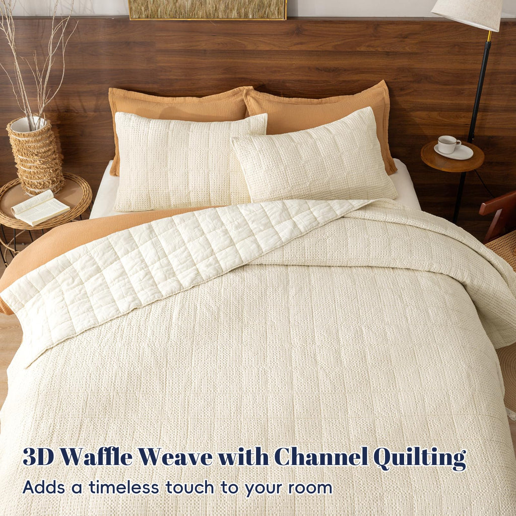 Enzyme-Washed Waffle Quilt Set (106"x90") - 100% Cotton Cover, 3PCS Soft Lightweight Square Quilted Bedspread