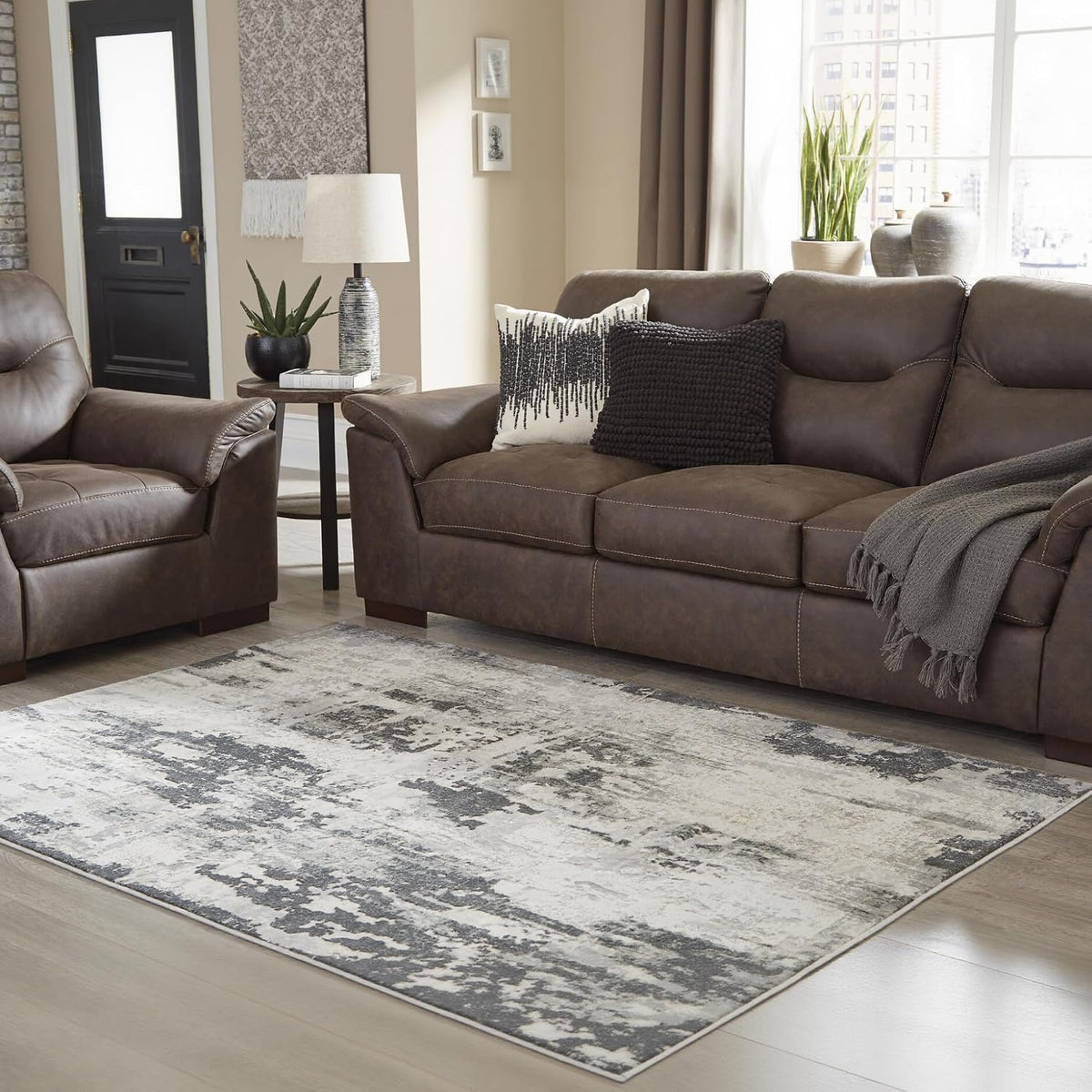 Mazatl Contemporary Medium Pile Abstract Design Rug, Cream, Gold & Gray