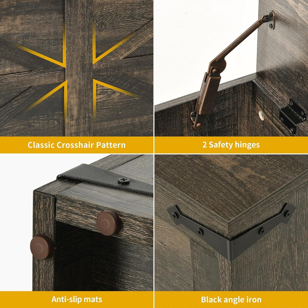 47.2" Farmhouse Storage Bench with Safety Hinges, Dark Rustic Oak