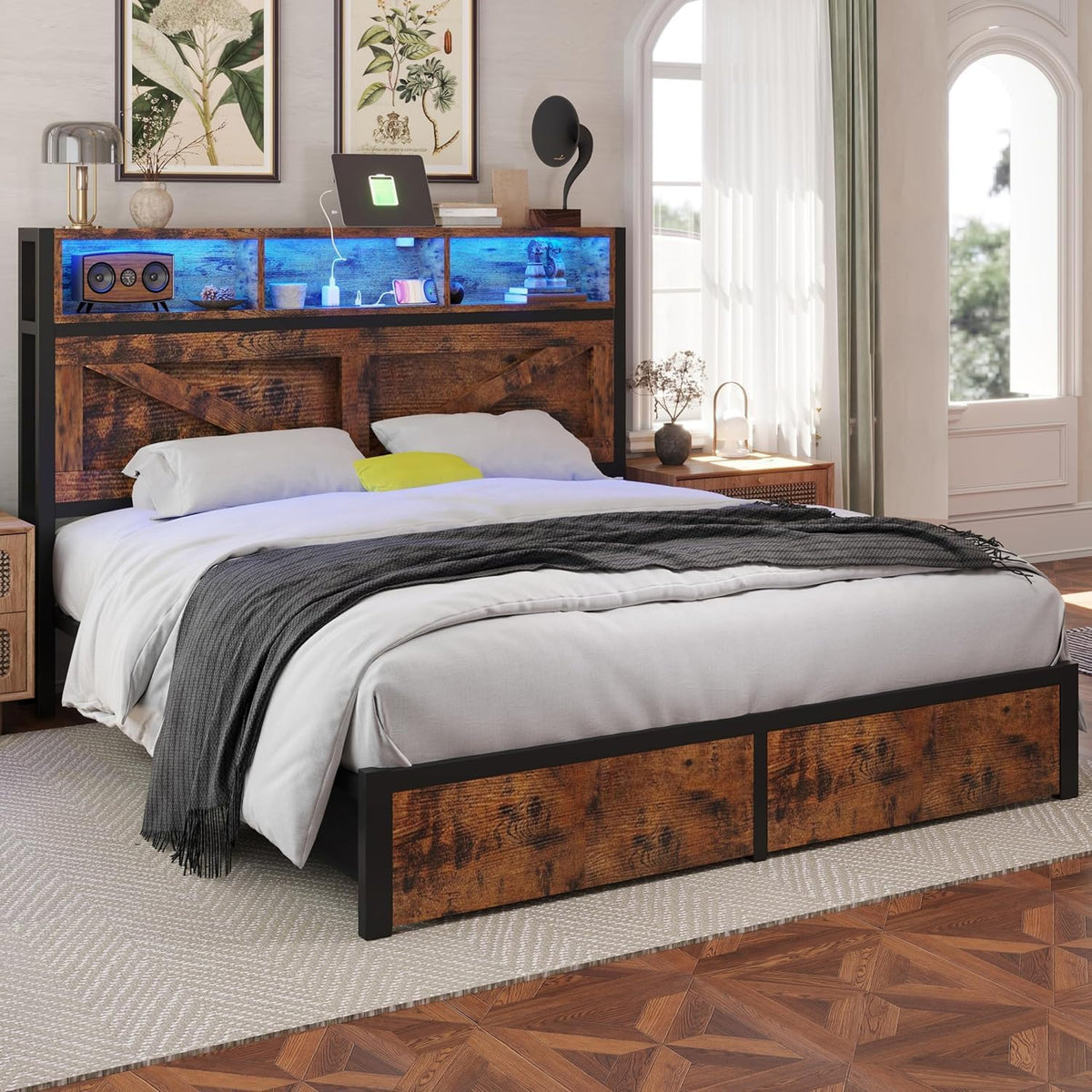 Farmhouse Bed Frame with Storage Bookcase Headboard & Drawers, Brown