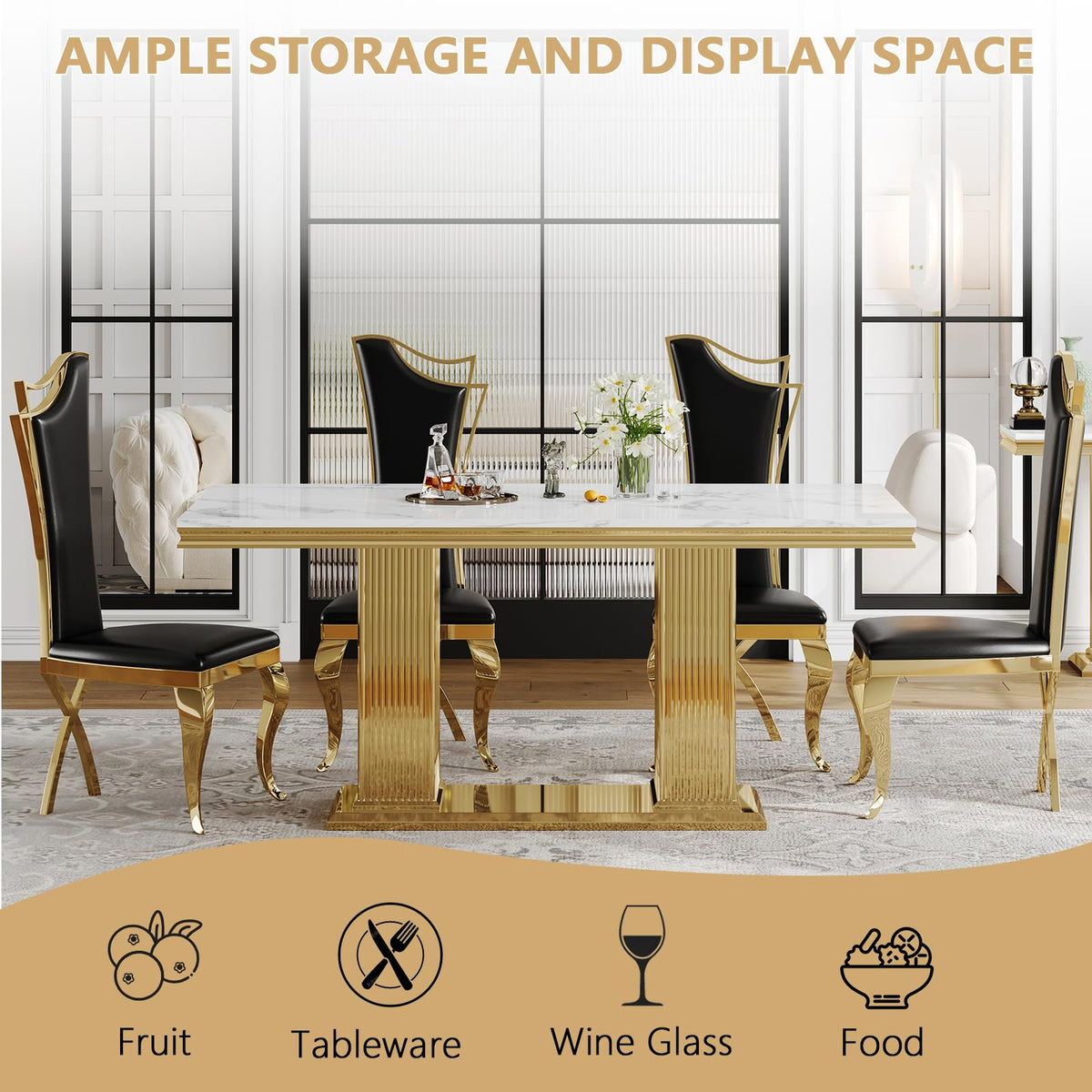 68" Faux Marble White Gold Dining Table for 6, Modern Dining Room Table with 0.71" Marble Printing MDF Top and Dual