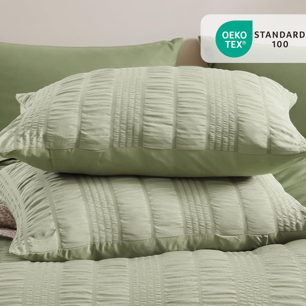 Full Size Comforter Set, 7 Pieces Sage Green Seersucker Bed in a Bag Full Size Soft All Seasons, Bedding Sets Full