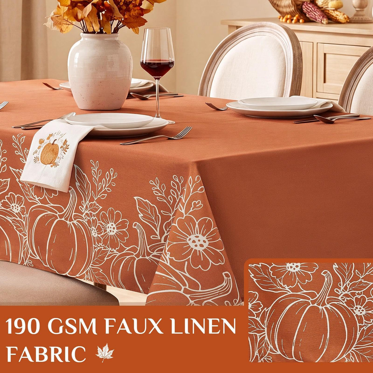 Large Fall Tablecloth Rectangle 60x104 inch, Faux Linen Autumn Table Cloths with Maple Leaves & Pumpkin, Water