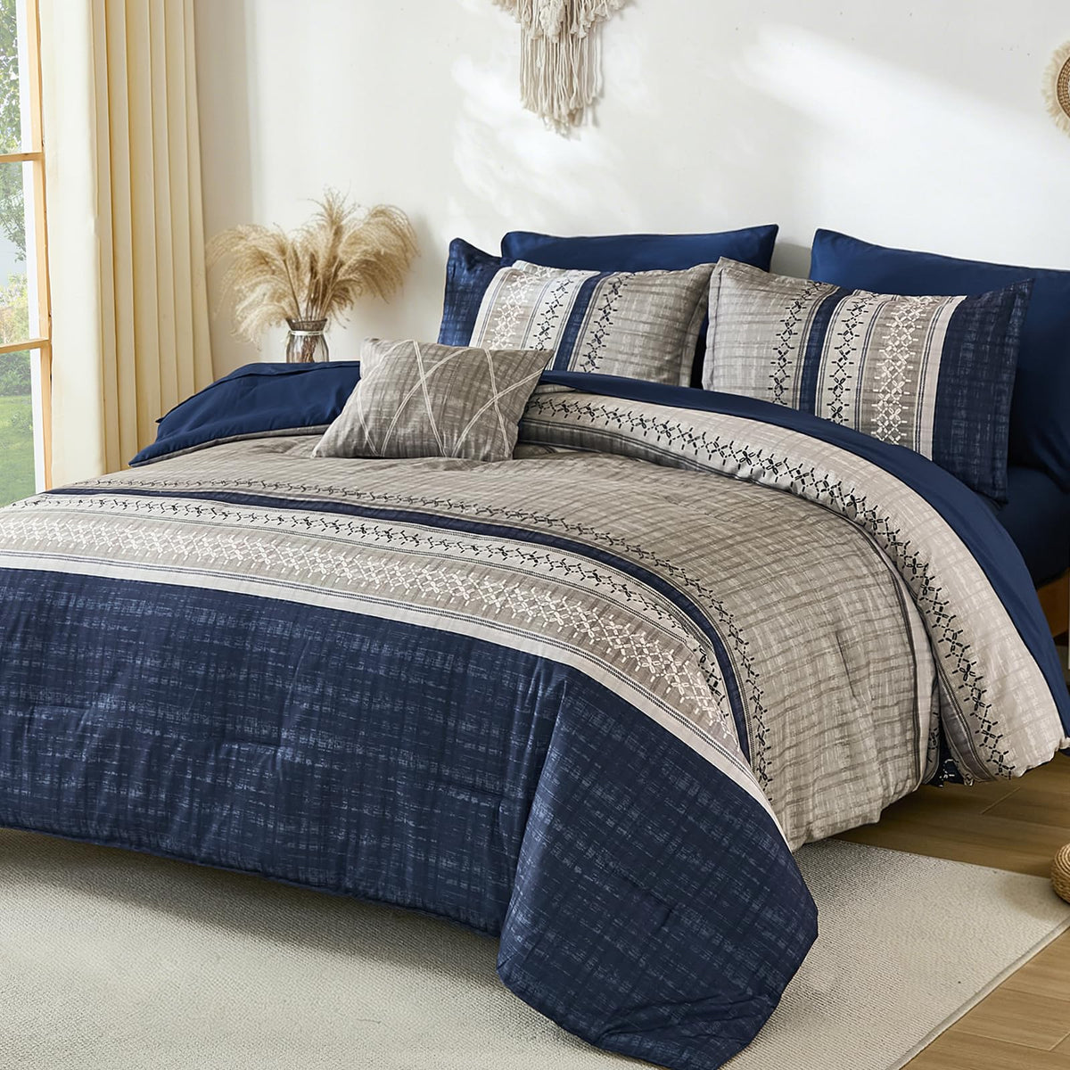 Blue King Comforter Size Set, 8 Pieces Boho Grey Striped Texture Bed in a Bag Sets, Lightweight Soft Bohemian