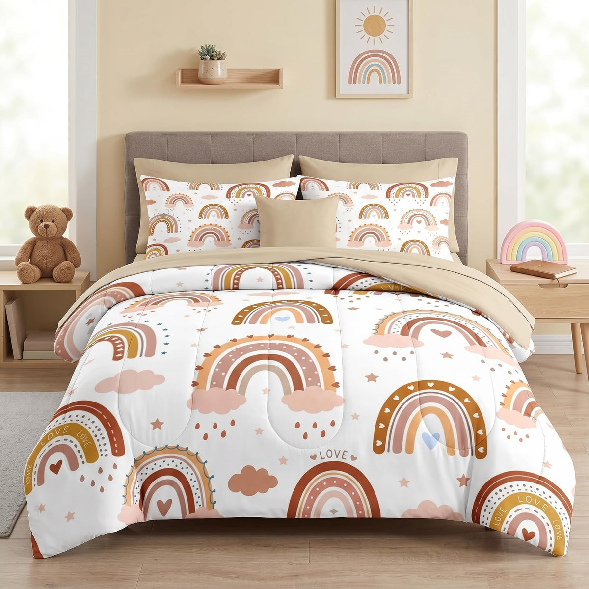 Twin Comforter Set with Sheets, 5 Pieces Boho Rainbow Bedding