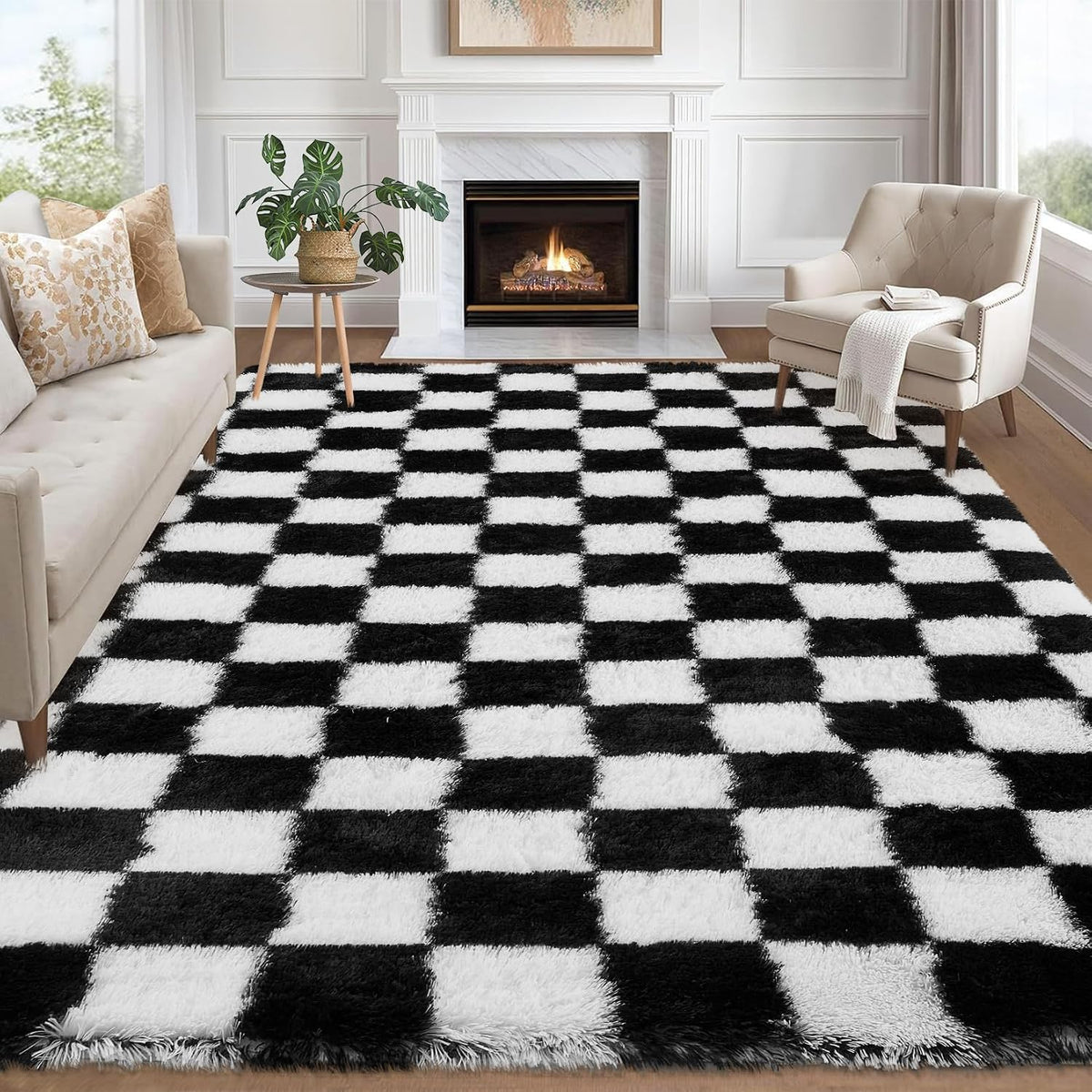 Checkered Area Rug 9x12 Large Rug Thick Super Soft Shaggy Rugs Fluffy Carpet Fluffy Fuzzy Shag Washable Rugs Nursery