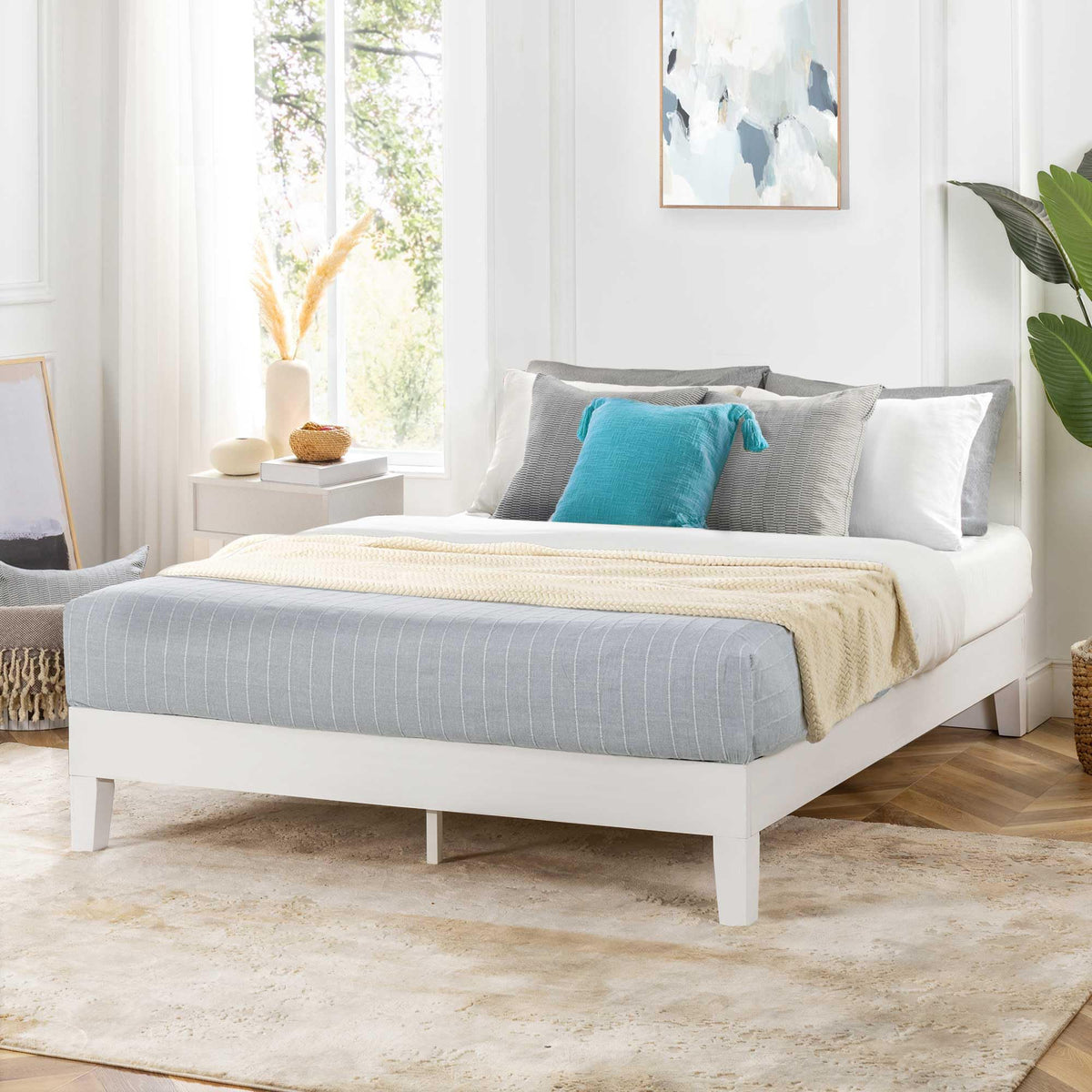 Naturalista Grand 12 Inch Solid Wood Platform Bed with Wooden Slats, Easy Assembly, Queen, White