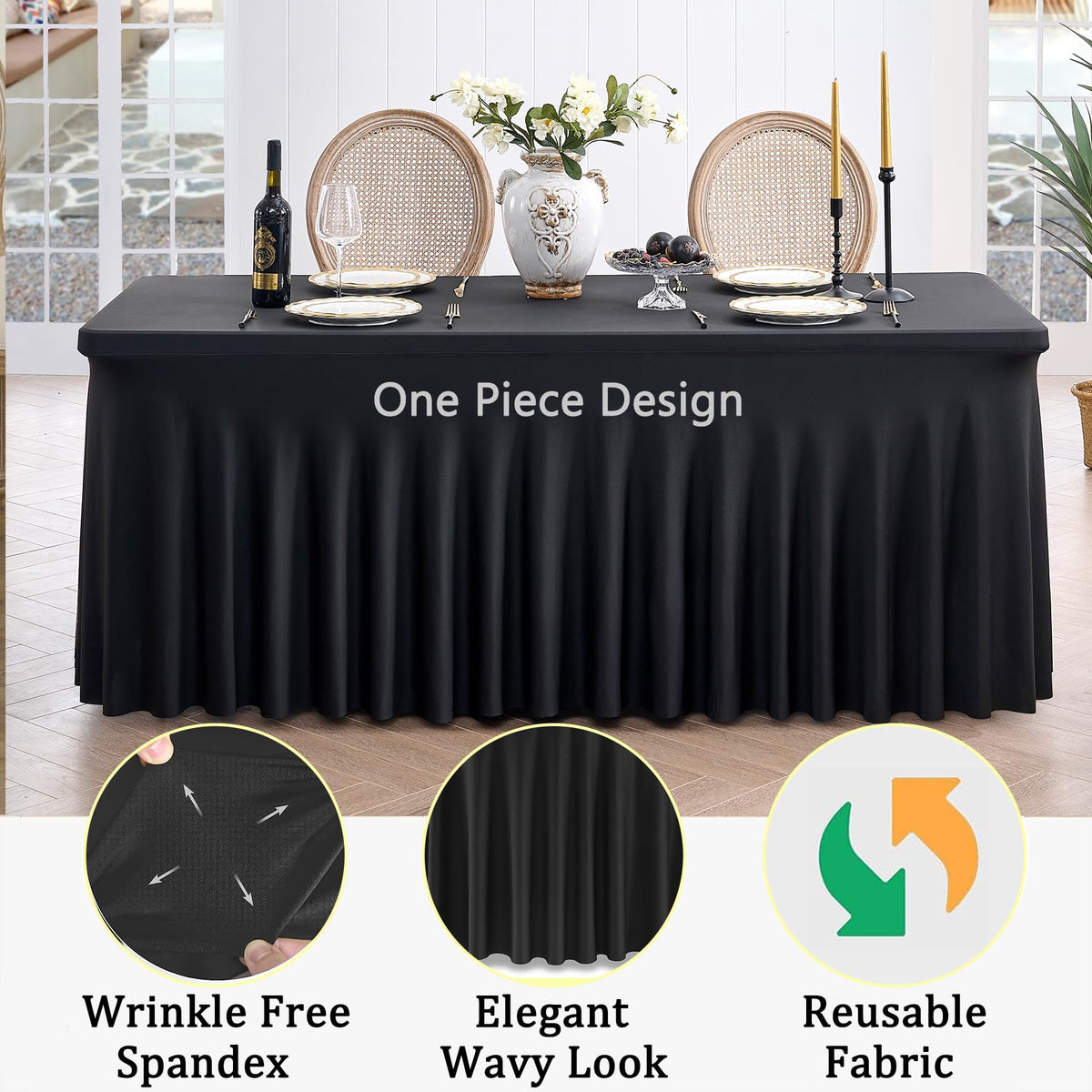 2 Pack Black Spandex Tablecloth for 5 Foot Rectangle Tables, Wrinkle Free Fitted Table Clothes Cover 5ft Stretchy