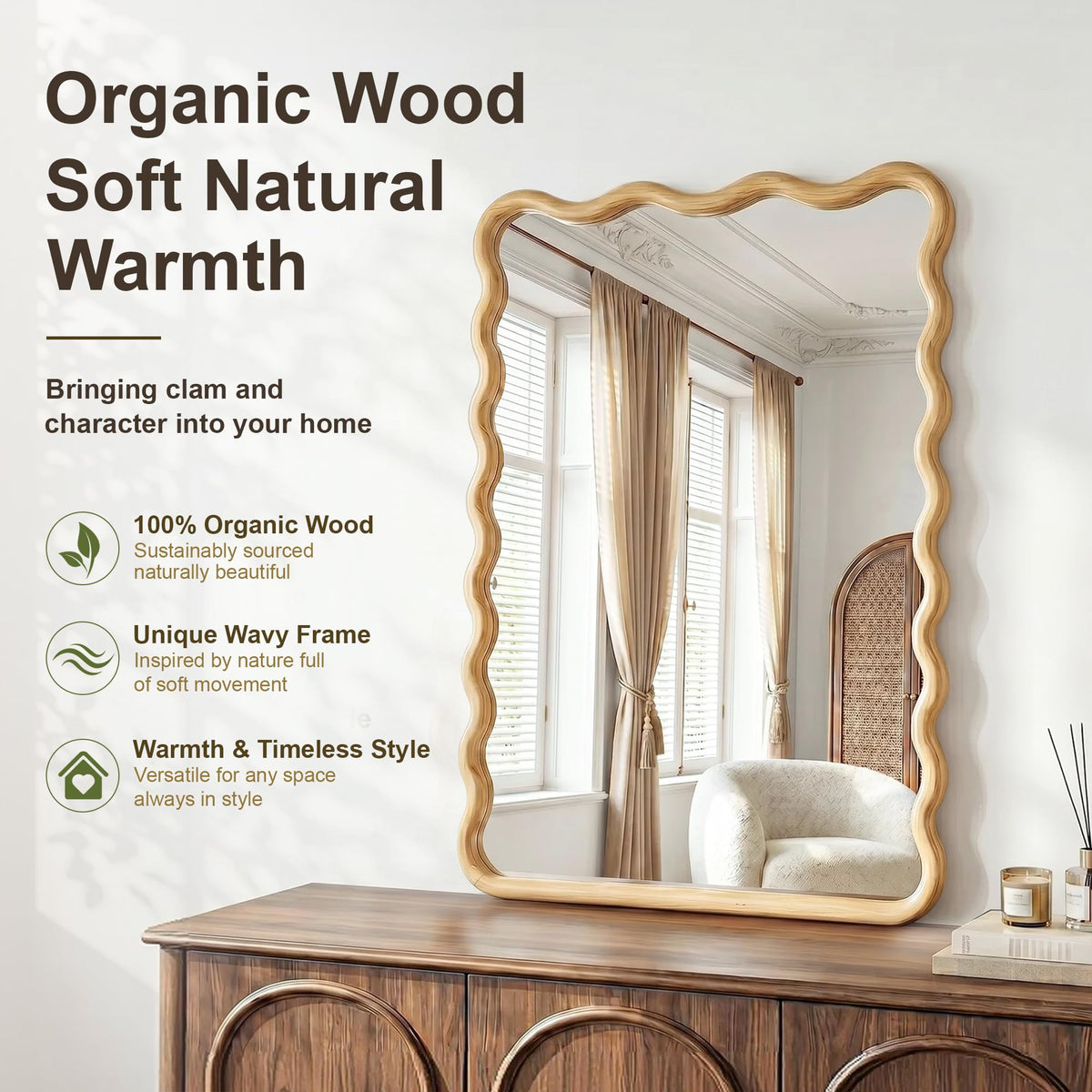 Wavy Wood Bathroom Mirror, 20" x 30" Boho Vanity Mirror for Wall