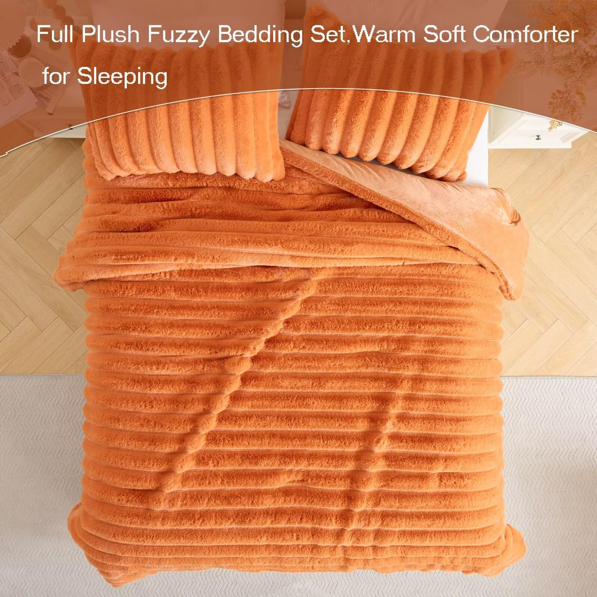 3 Pieces Fluffy Faux Rabbit Fur Comforter Set, Plush Fuzzy Bedding Set, Stripes Design Warm Soft Comforter