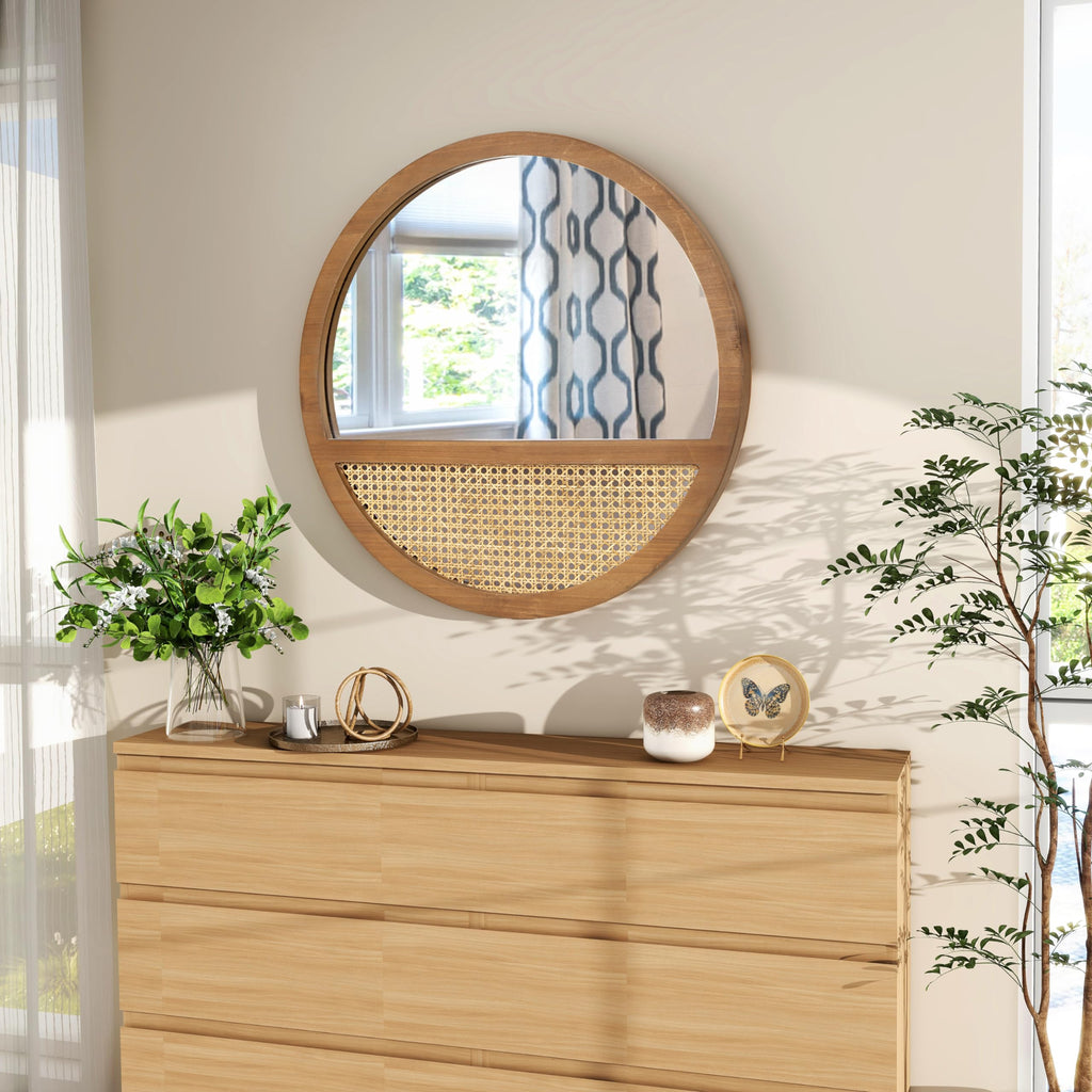 24" Rattan Round Mirror, Boho Hand-Woven Wooden Wall Mirror