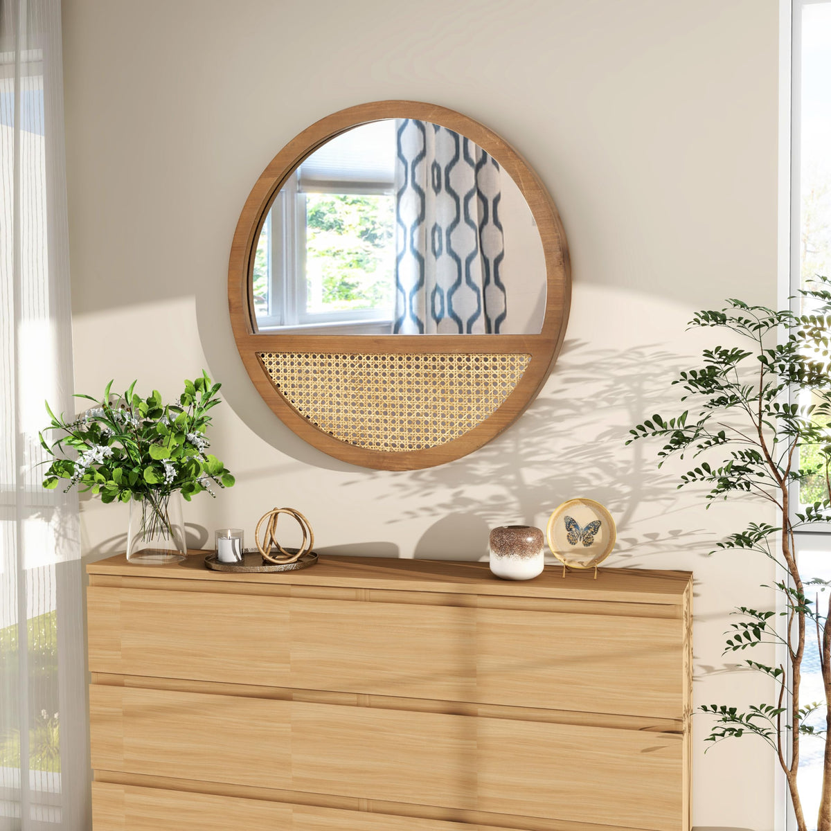 24" Rattan Round Mirror, Boho Hand-Woven Wooden Wall Mirror